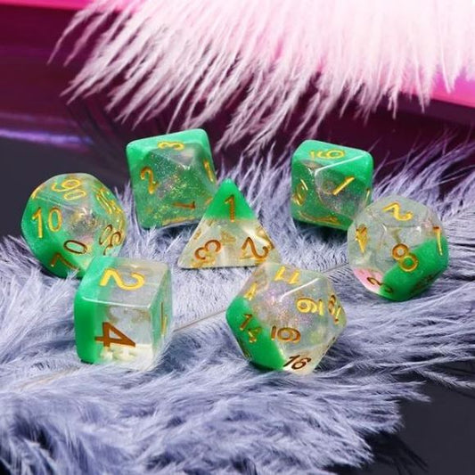 Galactic Dice Premium Dice Sets - Spring Dew (Green, Clear, & Gold) Acrylic Set of 7 Dice | Galactic Toys & Collectibles