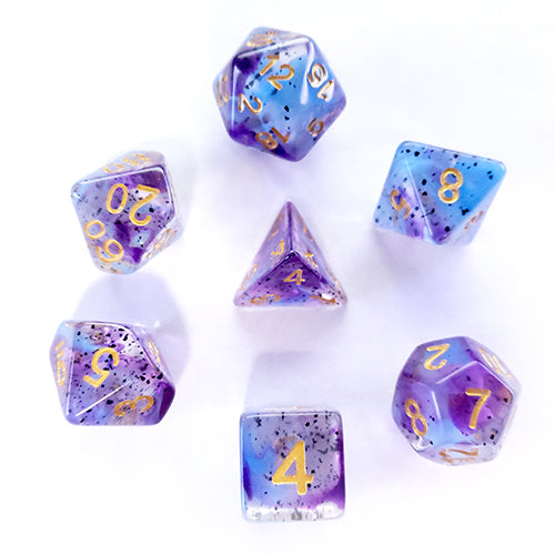 Galactic Dice Premium Dice Sets - Violet Sulfur (Blue, Purple, & Gold) Acrylic Set of 7 Dice | Galactic Toys & Collectibles