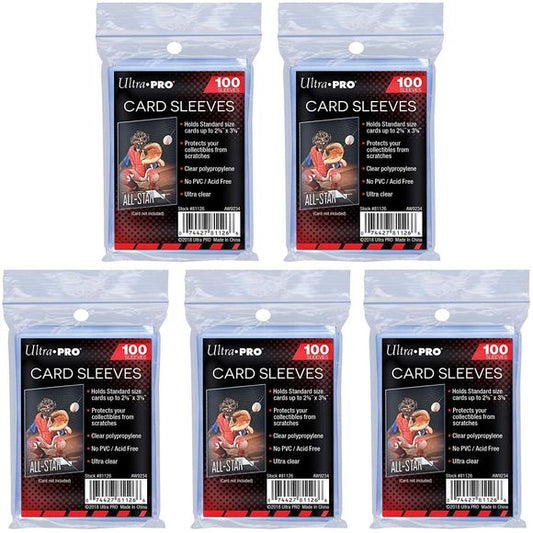 These ultra clear protective sleeves are great for protecting your standard-sized collectible cards. These are typically used to provide extra lining inside rigid toploaders. Acid free - no PVC. Quantity: 100 per pack. (Total 5 PACKS) for 500 total sleeves.