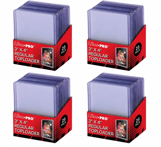 Super clear, regular 3" x 4" Toploader for standard size cards (2-1/2" x 3-1/2"). Toploader is made of rigid plastic that encloses the card and keeps it clean while preventing damage. 4 Packages of 25