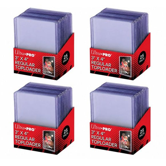 Super clear, regular 3" x 4" Toploader for standard size cards (2-1/2" x 3-1/2"). Toploader is made of rigid plastic that encloses the card and keeps it clean while preventing damage. 4 Packages of 25