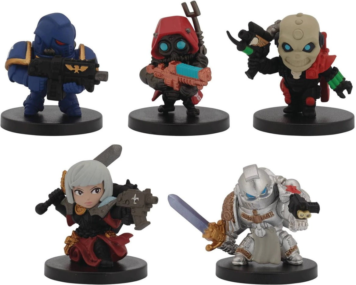 Bandai's Warhammer 40,000 Chibi figures lets you collect some of the most iconic characters. Each figures measures approximately 1 1/2-inches tall and this series includes Ultramarine Primaris Intercessor with Bolt Rifle, Skitarii Ranger with Arc Rifle, Adepta Sororitis Battle Sister with Bolt Gun and Power Sword, Grey Knight with Nemesis Force Sword, and Eversor Assassin with Executioner Pistol and Neutral Gauntlet. Each figure comes in opened blind foil packaging - to confirm each figure, but never displa