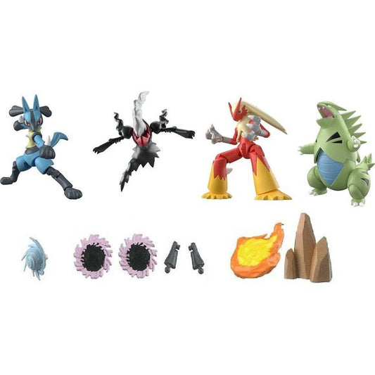 Here comes the third SHODO Pokemon lineup from Bandai! Option parts set includes aura sphere for Lucario, Stone Eggs for Tyranitar, Blaze Kick for Blaziken and Dark Void for Darkrai.  Figures not included.