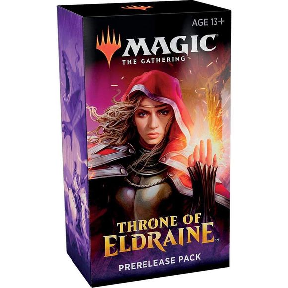MTG Pre-release kit for all Magic the Gathering Fans!  Includes 6 Throne of Eldraine Packs, 1 Prerelease Promo card, and a spindown style D20 dice lifecounter.
