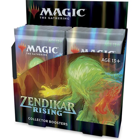 Each Zendikar Rising Collector Booster Box contains 12 Zendikar Rising Collector Boosters and 2 non-foil Expedition Land box toppers. Each pack contains 15 cards and 1 foil double-sided token, with 1 foil alternate frame rare/mythic (Expedition, showcase, borderless, or extended art), 1 foil rare or mythic, 1 non-foil borderless or showcase rare or mythic, 1 non-foil extended art rare or mythic, 1 foil showcase common/uncommon, 2 non-foil showcase commons/uncommons, 2 foil uncommons, 5 foil commons, and 1 f