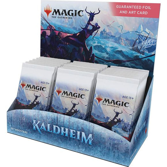 The Kaldheim Set Booster Box contains 30 Kaldheim Set Boosters. Each pack contains 12 Magic cards, 1 Art Card, and 1 Ad or special card from Magic's history (a card from "The List"). Each pack includes 1 Snow Land (15% chance of foil), 7 Assorted Commons and Uncommons, 1 Snow Common/Uncommon or Showcase Uncommon or Theme Booster Rare not found in Kaldheim Draft Boosters, 1 card of any rarity, 1 Rare or Mythic Rare, and 1 Foil of any rarity. A foil-stamped Signature Art card replaces the Art card in 5% of Se
