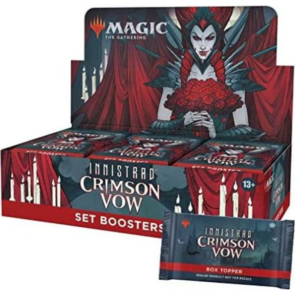 The Innistrad: Crimson Vow Set Booster Box contains 30 Innistrad: Crimson Vow Set Boosters and 1 traditional foil Dracula Series box topper card. Each Set Booster contains 12 Magic cards, 1 Art Card, and 1 token, ad card, Helper card, or special card from Magic's history (a card from "The List"). Each pack contains a combination of 1–4 Rares and/or Mythic Rares, 2–7 Uncommons, 3–8 Commons, and 1 Eternal Night Full-Art Basic Land card. One non–Art Card and non–Land card of any rarity is a traditional foil. T
