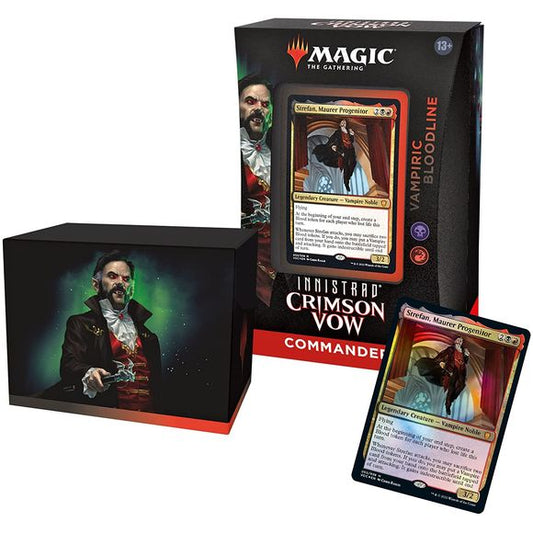 Whether sipped from goblets or spilled from unlucky throats, blood grants power.

Sacrifice Blood tokens to sift through your library to find horrifically monstrous Vampires, and Strefan's ability will invite them to feast early. As your foes fall faint from blood loss, you need only finish your meal.

The Vampiric Bloodline Innistrad: Crimson Vow Commander Deck set includes 1 ready-to-play Black-Red deck of 100 Magic cards (2 traditional foil, 98 nonfoil), 1 foil-etched Display Commander (a thick cards