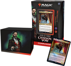 Whether sipped from goblets or spilled from unlucky throats, blood grants power.

Sacrifice Blood tokens to sift through your library to find horrifically monstrous Vampires, and Strefan's ability will invite them to feast early. As your foes fall faint from blood loss, you need only finish your meal.

The Vampiric Bloodline Innistrad: Crimson Vow Commander Deck set includes 1 ready-to-play Black-Red deck of 100 Magic cards (2 traditional foil, 98 nonfoil), 1 foil-etched Display Commander (a thick cards