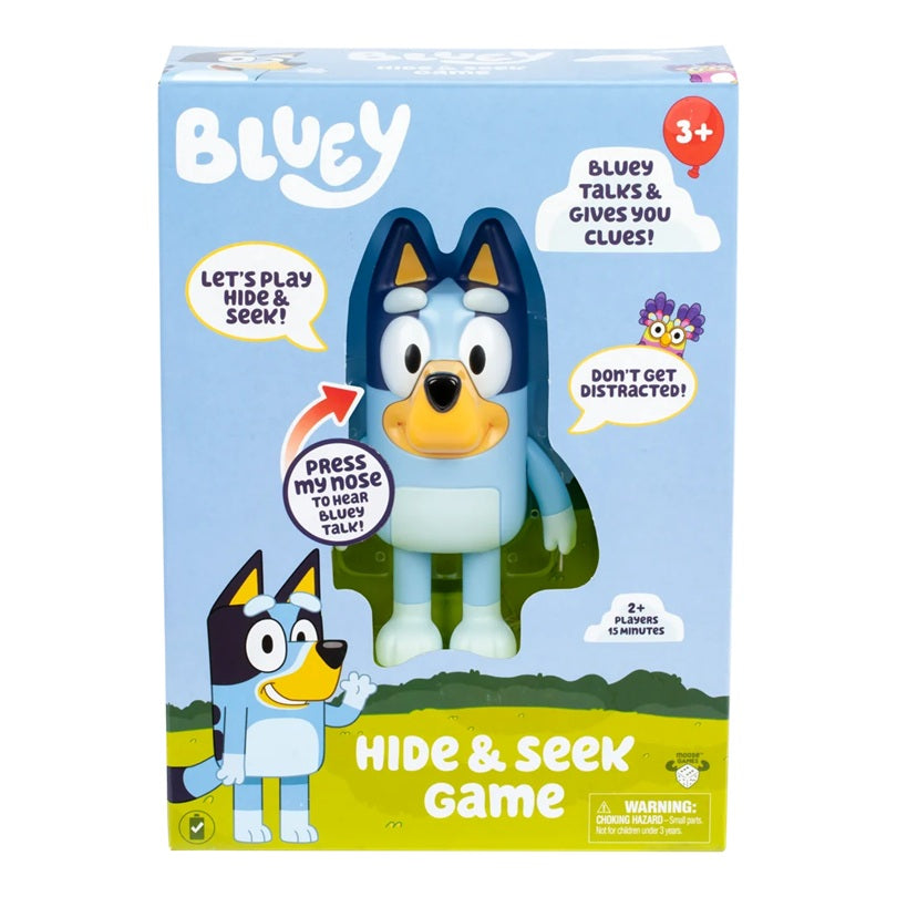 Now your little ones can bring home the fun and imaginative play of Bluey with the Bluey Hide & Seek Game! Kids can really play Hide and Seek with Bluey in their house with this adorable, interactive, electronic figure. Hide Bluey anywhere and press her nose to start the built-in timer. Bluey talks and giggles every few seconds to help lead you in the right direction to find her. Will your child and their friends find her before the timer runs out? The first person to find Bluey within the time wins!
