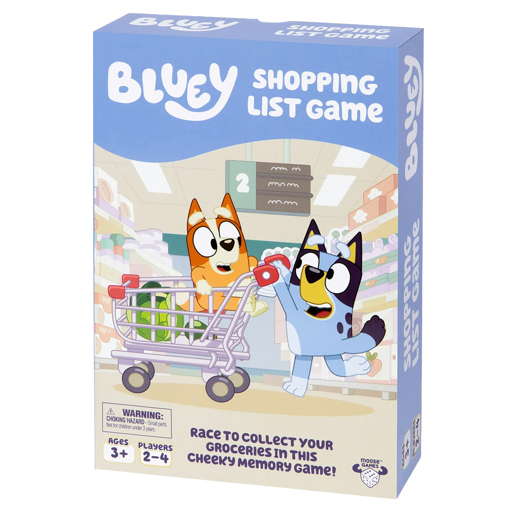 Join Bluey, Bingo, Bandit and Chilli on a fun-filled supermarket adventure in the Bluey Shopping List Game! From sweet lollipops and crunchy corn chips to fragrant flowers and jars of peanut butter, it’s a race to see who can fill their trolley first—no time to dilly-dally! Perfect for kids aged 3 and up, this exciting memory and matching game helps build key skills like turn-taking, matching, and memory, all while delivering loads of laughter and fun. 

With bright, sturdy pieces and everyone’s favorite Bl