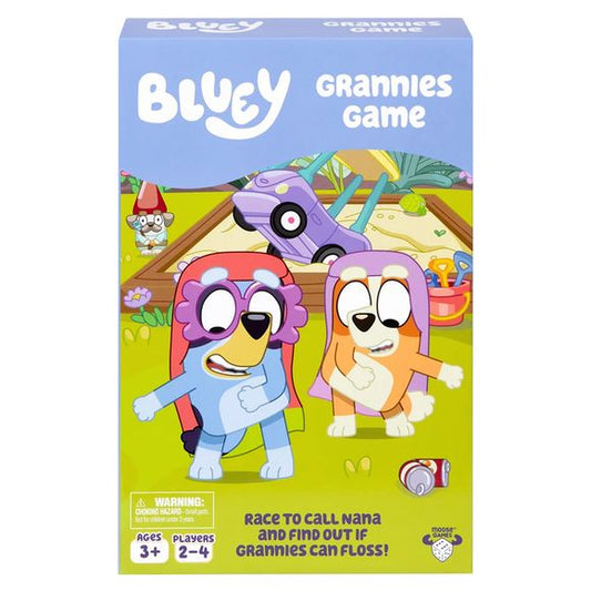 Get ready to giggle with the Bluey Grannies Game, where kids aged 3+ join Bluey, Bingo, and their hilarious granny alter-egos — Janet, Rita, Gladys, and Madge — in a race to call Nana and find out once and for all: can grannies floss? Inspired by the beloved “Grannies” episode, players collect silly items like glasses and walking sticks along their garden path to be the first to start a flossing party! 

With bright, sturdy pieces designed for little hands, this playful board game encourages social interact