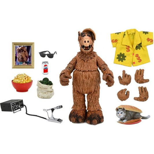Bring home your own Alien Life Form with this Ultimate action figure of ALF, everyone's favorite visitor from the planet Melmac! The 80s sitcom about a cranky alien hiding in a local family's garage after crash-landing on our planet hit all the right notes with a generation, and now ALF steps into the spotlight as NECA's newest Ultimate action figure. Includes canned beverage, annoyed cat on a bun, photo frame, bowl of popcorn, loud Hawaiian shirt, sunglasses, radio, interchangeable hands and more! Collecto