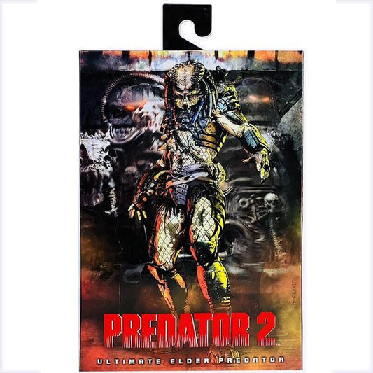 Predator 2, the action-packed sequel to the original movie, moved the hunt to Los Angeles and revealed a Lost Tribe of alien hunters! Their leader? The fearsome Elder Predator, also known as Greyback, gifts his flintlock pistol to Detective Harrigan as a sign of respect at the end of the movie. This venerable veteran gets the Ultimate treatment, with a new LED light-up masked head, unmasked head, over 30 points of articulation, extendable wrist blades, skull necklaces, backpack, flintlock pistol, and sword