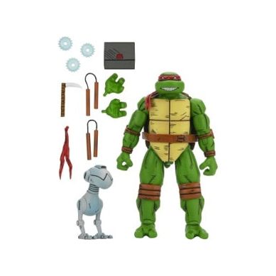 Based on the “Return to New York” storyline in Eastman & Laird’s Teenage Mutant Ninja Turtles comic books from Mirage Studios! These 7-inch scale action figures are fully articulated for great ninja poses. Michelangelo includes interchangeable hands, nunchucks, ninja stars, Mouser, kusarigama, space cuffs, and extra mask tie! Comes in special comic-book themed window box packaging with amazing artwork by Kevin Eastman. Each figure is sold separately.
