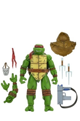 Based on the “Return to New York” storyline in Eastman & Laird’s Teenage Mutant Ninja Turtles comic books from Mirage Studios! These 7-inch scale action figures are fully articulated for great ninja poses. Raphael includes interchangeable hands, extra bandaged arm, Casey Jones mask, sais, hood, blaster, and extra mask tie! Comes in special comic-book themed window box packaging with amazing artwork by Kevin Eastman. Each figure is sold separately.