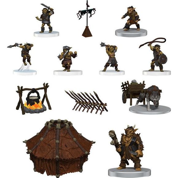D&D Icons of the Realms: Adenture in a Box - Goblin Camp, Upgrade your Dungeons & Dragons gameplay, with the Adventure in a Box - Goblin Camp! Inside you will find 9 pre-painted miniatures, 8 different camp dressings (including two fire pit configurations), and a two-sided, slide together tiled battle map to build out your very own goblin themed adventure. Whether your next clash with goblins is a brief encounter or a drawn out scenario, the Adventure in a Box - Goblin Camp is your place to start. Use with 