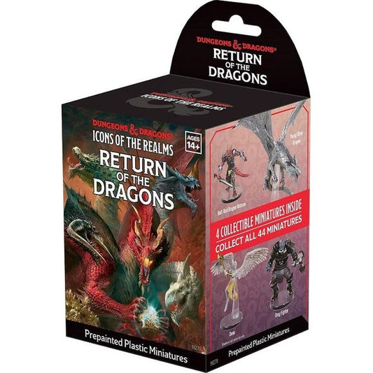 D&D Icons of the Realms: Return of the Dragons updates all 44 miniatures from the original Tyranny of Dragons set. Features: Collect 44 miniatures from the Tyranny of Dragons campaign. Updated poses and decoration for all 44 original Tyranny of Dragons miniatures. Some miniatures include translucent parts. Boosters contain 1 Large miniature and 3 Medium or Small miniatures.