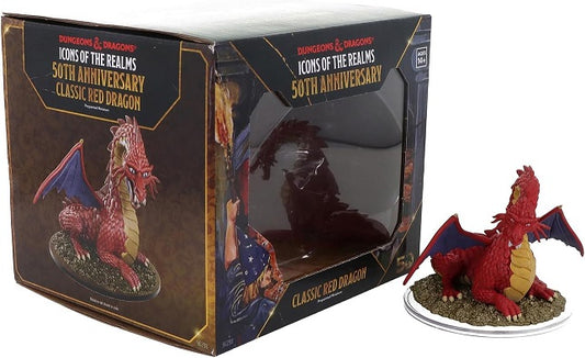 A fiery peril to adventurers of editions, new and old, the red dragon has remained a mainstay of fantasy villainy. Celebrate this classic D&D threat with our new D&D Icons of the Realms: 50th Anniversary - Classic Red Dragon Boxed Miniature (Set 31)! This set includes the red dragon as depicted on the cover of the 1977 Dungeons & Dragons Basic Set. The beast among monsters. The tyrant among kings. The dragon among dragons. Order yours today!