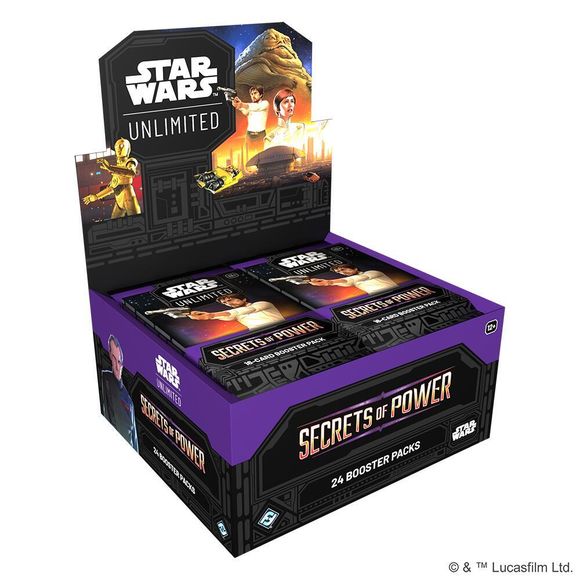 Release Date 11/7/2025
In this booster pack display for the game’s sixth set, Secrets of Power, players will find 24 individually wrapped booster packs. Each pack contains 9 common cards, 3 uncommon cards, 1 rare or legendary card, 1 leader, 1 base/token, and 1 foil card.
Contents:

• 24 Secrets of Power Booster Packs, each containing:

• 16 Star Wars: Unlimited Secrets of Power cards
• 1 Rare or Legendary card
• 9 Common cards
• 3 Uncommon Cards
• 1 Leader Card
• 1 Base/Token
• 1 Foil Card