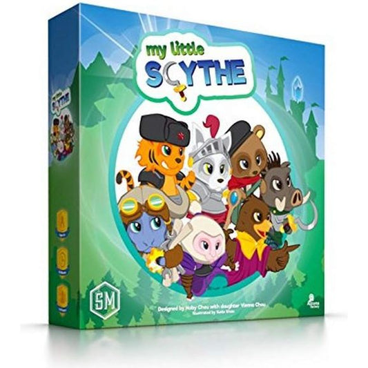 My Little Scythe is a competitive, family-friendly game in which each player controls 2 animal miniatures embarking upon an adventure in the Kingdom of Pomme. In an effort to be the first to earn 4 trophies from 8 possible categories, players take turns choosing to Move, Seek, or Make. These actions will allow players to increase their friendship and pies, power up their actions, complete quests, learn magic spells, deliver gems and apples to Castle Everfree, and perhaps even engage in a pie fight. Some of