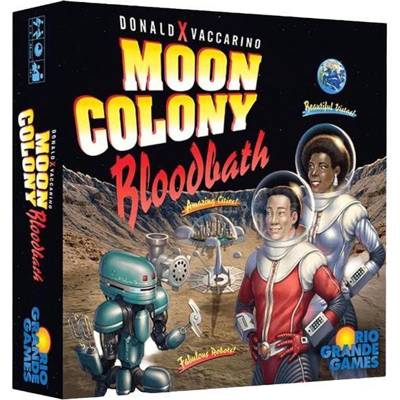 Cities on the moon! This will be humanity’s crowning achievement. At last, no longer bound to the Earth; the moon, a stepping stone to the stars. The rockets are loaded with supplies and colonists; the robots are programmed and ready. Everything has been planned down to the tiniest detail, and there is no chance whatsoever of failure.



To the moon!



This is an engine-building engine-losing tableau game, with a shared deck the players build that makes things happen, many of them bad things that kill peop