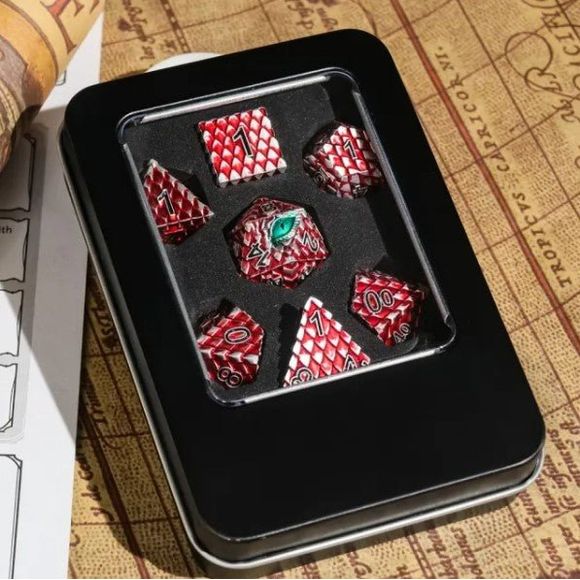 Galactic Dice Premium Dice Sets - Silver & Red Dragon Set of 7 Dice with Tin | Galactic Toys & Collectibles