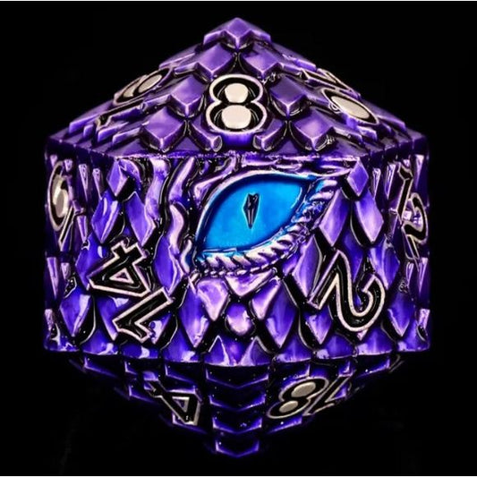 The perfect companion for your gaming needs! These premium die-cast polyhedral dice are exactly what you've been searching for that upcoming game night with the group. These dice are engraved with crisp, easy-to-read numerals. This particular D20 purple dragon has a blue eye