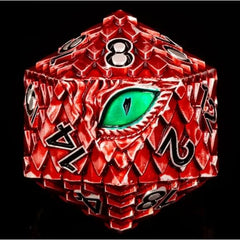 The perfect companion for your gaming needs! These premium die-cast polyhedral dice are exactly what you've been searching for that upcoming game night with the group. These dice are engraved with crisp, easy-to-read numerals. This particular D20 red dragon has a green eye