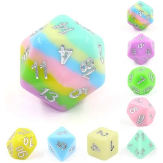 The perfect companion for your gaming needs! These HD acrylic dice are exactly what you've been searching for that upcoming game night with the group. This set includes two D20s, and one of each: d12, d10, d10 (percentile), d8, d6, and a d4 (8 dice in total)