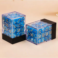 36 individual D6 dice in a container. Each die measures 12mm