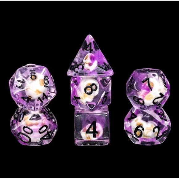 The perfect companion for your gaming needs! These HD acrylic skull dice are exactly what you've been searching for that upcoming game night with the group. This set includes one of each: d20, d12, d10, d10 (percentile), d8, d6, and a d4 (7 dice in total)