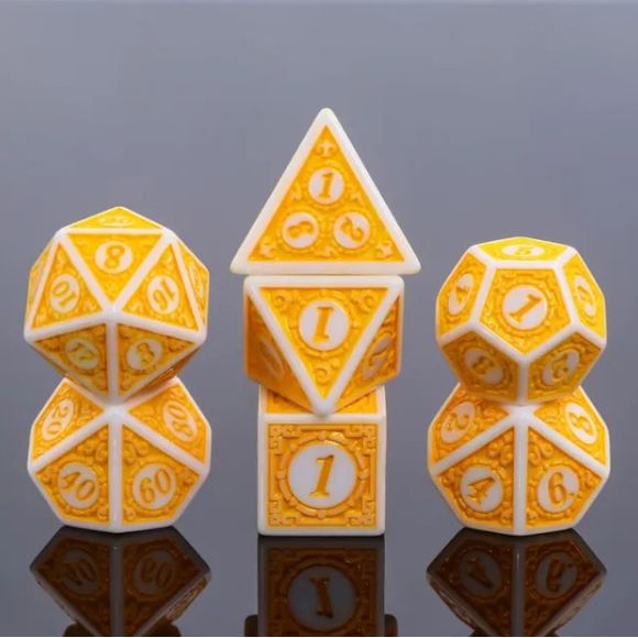 A 7 pcs Polyhedral dice set used for Dungeons and Dragons, MTG , RPG Games etc. The dice included are 1- D4,1- D6,1- D8,1- D10,1- D00,1- D12, and 1- D20