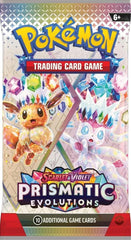 PACK CONTENTS: Contains 10 random Pokemon trading cards from the Scarlet & Violet Prismatic Evolutions expansion set per booster pack. Each booster pack features randomly selected pack artwork from the available designs in this expansion