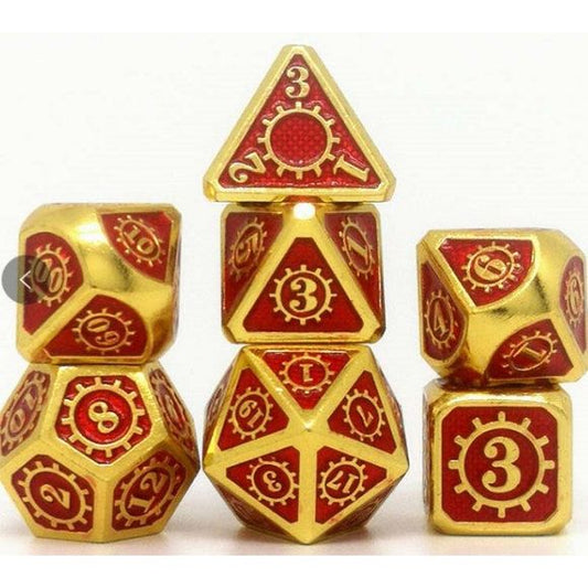 The perfect companion for your gaming needs! These premium die-cast polyhedral dice are exactly what you've been searching for that upcoming game night with the group. Each set weighs roughly 5 ounces and are stored in a quality, brushed metal tin with foam insert. These dice are engraved with crisp, easy-to-read numerals. Many styles and colors are available.

This set includes on of each: d20, d12, d10, d10 (percentile), d8, d6, and a d4 (7 dice in total). All inside the Galactic Toys Dice Tin.