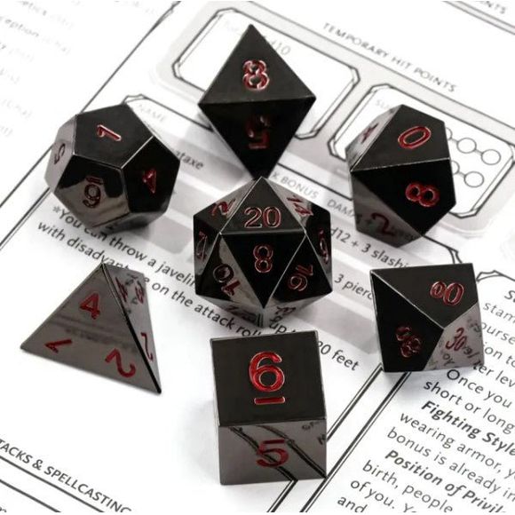 Galactic Dice Premium Metal Dice Sets - Black Metal & Red Set of 7 Dice with Tin | Galactic Toys & Collectibles