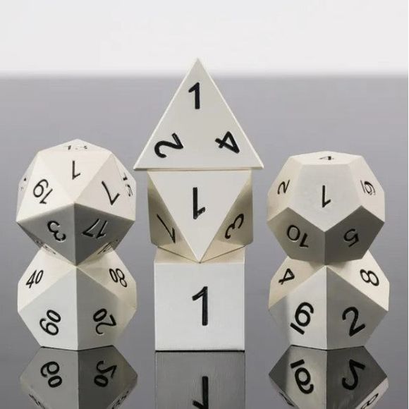 Galactic Dice Premium Metal Dice Sets - White Metal Set of 7 Dice with Tin | Galactic Toys & Collectibles