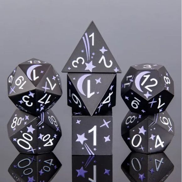 The perfect companion for your gaming needs! These premium die-cast polyhedral dice are exactly what you've been searching for that upcoming game night with the group. Each set weighs roughly 5 ounces and are stored in a quality, brushed metal tin with foam insert. These dice are engraved with crisp, easy-to-read numerals. Many styles and colors are available.

This set includes one of each: d20, d12, d10, d10 (percentile), d8, d6, and a d4 (7 dice in total). All inside a premium Dice Tin.