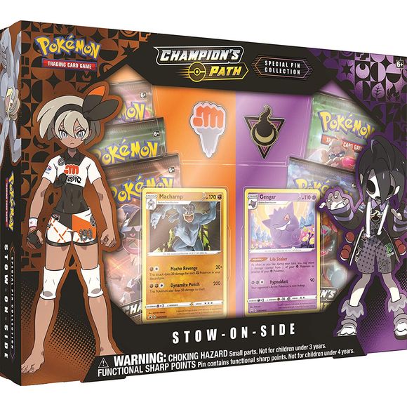 You will receive one TCG: Champion’s Path Stow-on-Side Special Pin Collection that contains foil cards of Machamp and Gengar.