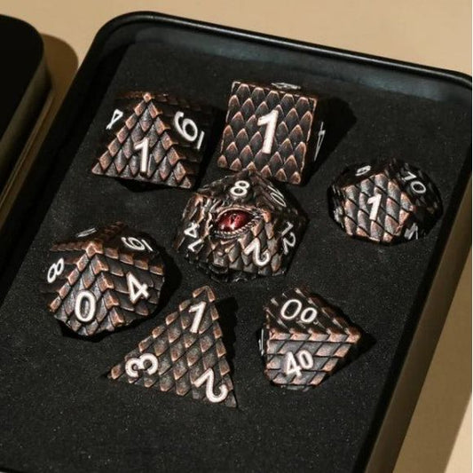 Galactic Dice Premium Dice Sets - Archosaur Tarnished Copper Set of 7 Dice with Tin | Galactic Toys & Collectibles