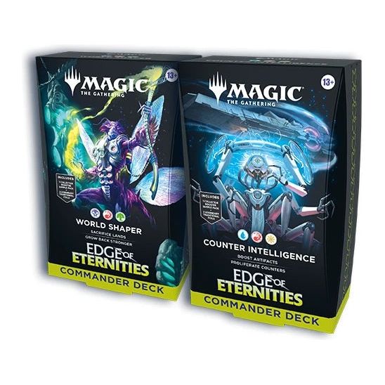 Release Date: 08/01/2025
This bundle includes 1 of each Edge of Eternities Commander Deck, with 1 World Shaper decks and 1 Counter Intelligence decks. Each includes 1 deck of 100 Magic cards (98 nonfoil cards and 2 Traditional Foil Borderless Legendary cards), a 2-card Collector Booster Sample Pack (contains 1 Traditional Foil or nonfoil alt-border card of rarity Rare or higher and 1 Traditional Foil Uncommon card), 10 double-sided tokens, 1 deck box (can hold 100 sleeved cards), 1 strategy insert, and 1 re