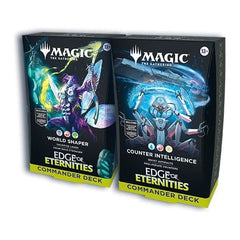 Release Date: 08/01/2025
This bundle includes 1 of each Edge of Eternities Commander Deck, with 1 World Shaper decks and 1 Counter Intelligence decks. Each includes 1 deck of 100 Magic cards (98 nonfoil cards and 2 Traditional Foil Borderless Legendary cards), a 2-card Collector Booster Sample Pack (contains 1 Traditional Foil or nonfoil alt-border card of rarity Rare or higher and 1 Traditional Foil Uncommon card), 10 double-sided tokens, 1 deck box (can hold 100 sleeved cards), 1 strategy insert, and 1 re