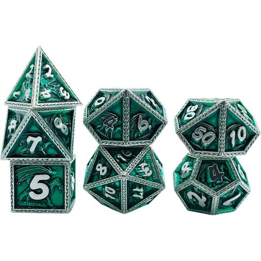 The perfect companion for your gaming needs! These premium die-cast polyhedral dice are exactly what you've been searching for that upcoming game night with the group. Each set weighs roughly 5 ounces and are stored in a quality, brushed metal tin with foam insert. These dice are engraved with crisp, easy-to-read numerals. Many styles and colors are available.

This set includes on of each: d20, d12, d10, d10 (percentile), d8, d6, and a d4 (7 dice in total). All inside the Galactic Toys Dice Tin.