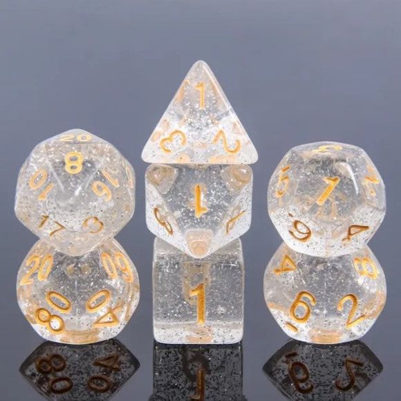 A 7 pcs Polyhedral dice set used for Dungeons and Dragons, MTG , RPG Games etc. The dice included are 1- D4,1- D6,1- D8,1- D10,1- D00,1- D12, and 1- D20