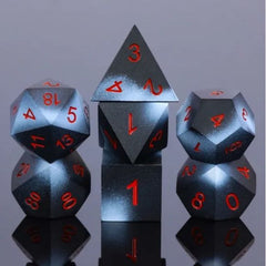 The perfect companion for your gaming needs! These premium die-cast polyhedral dice are exactly what you've been searching for that upcoming game night with the group. Each set weighs roughly 5 ounces and are stored in a quality, brushed metal tin with foam insert. These dice are engraved with crisp, easy-to-read numerals. Many styles and colors are available.

This set includes one of each: d20, d12, d10, d10 (percentile), d8, d6, and a d4 (7 dice in total). All inside a premium Dice Tin.