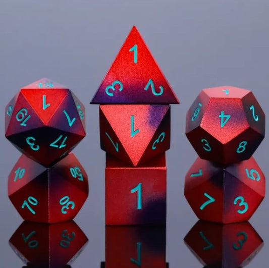 The perfect companion for your gaming needs! These premium die-cast polyhedral dice are exactly what you've been searching for that upcoming game night with the group. Each set weighs roughly 5 ounces and are stored in a quality, brushed metal tin with foam insert. These dice are engraved with crisp, easy-to-read numerals. Many styles and colors are available.

This set includes one of each: d20, d12, d10, d10 (percentile), d8, d6, and a d4 (7 dice in total). All inside a premium Dice Tin.