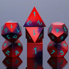 The perfect companion for your gaming needs! These premium die-cast polyhedral dice are exactly what you've been searching for that upcoming game night with the group. Each set weighs roughly 5 ounces and are stored in a quality, brushed metal tin with foam insert. These dice are engraved with crisp, easy-to-read numerals. Many styles and colors are available.

This set includes one of each: d20, d12, d10, d10 (percentile), d8, d6, and a d4 (7 dice in total). All inside a premium Dice Tin.