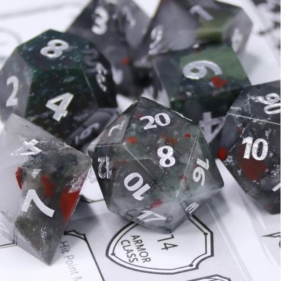 Galactic Dice Premium Dice Sets - African Bloodstone Set of 7 Stone Dice with Tin | Galactic Toys & Collectibles