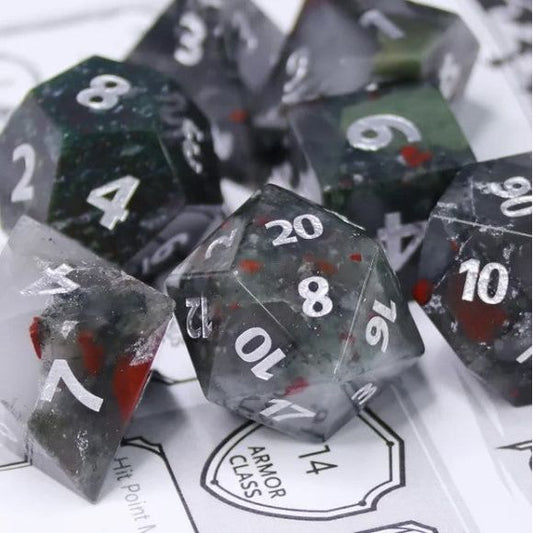 Galactic Dice Premium Dice Sets - African Bloodstone Set of 7 Stone Dice with Tin