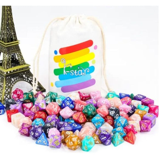 Each bag contains 10 separate sets of dice (7 in a single set) from a pool of 28 possible different pearl dice sets. Who knows what you'll get!